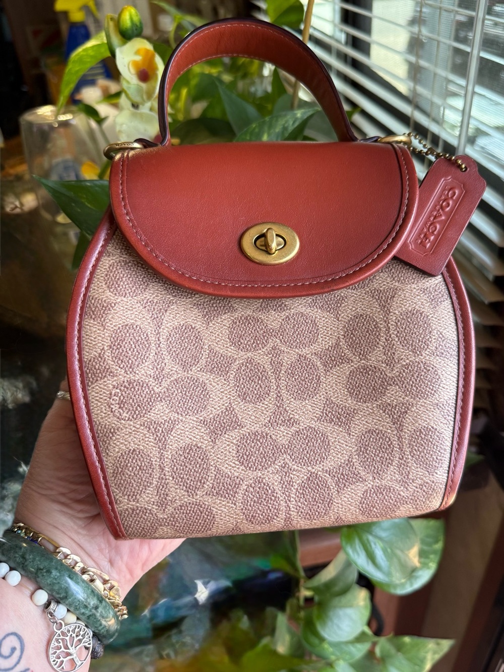 Coach Mini Originals Turnlock Curved Top-Handle Bag in Rust and Signature Canvas